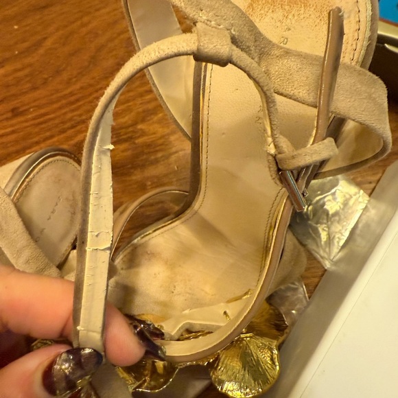 Zara Tan Satin/Suede Gold Orchid Sandals w/ 4” Block Heel Size 38/8 MSRP $198 - Picture 13 of 13